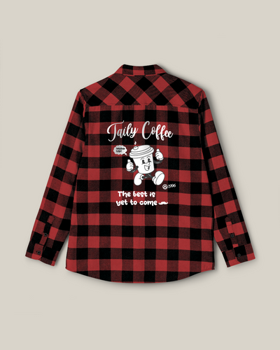 Taily Coffee flannel shirt in red with cheerful back print and minimal front logo, ideal for casual styling.