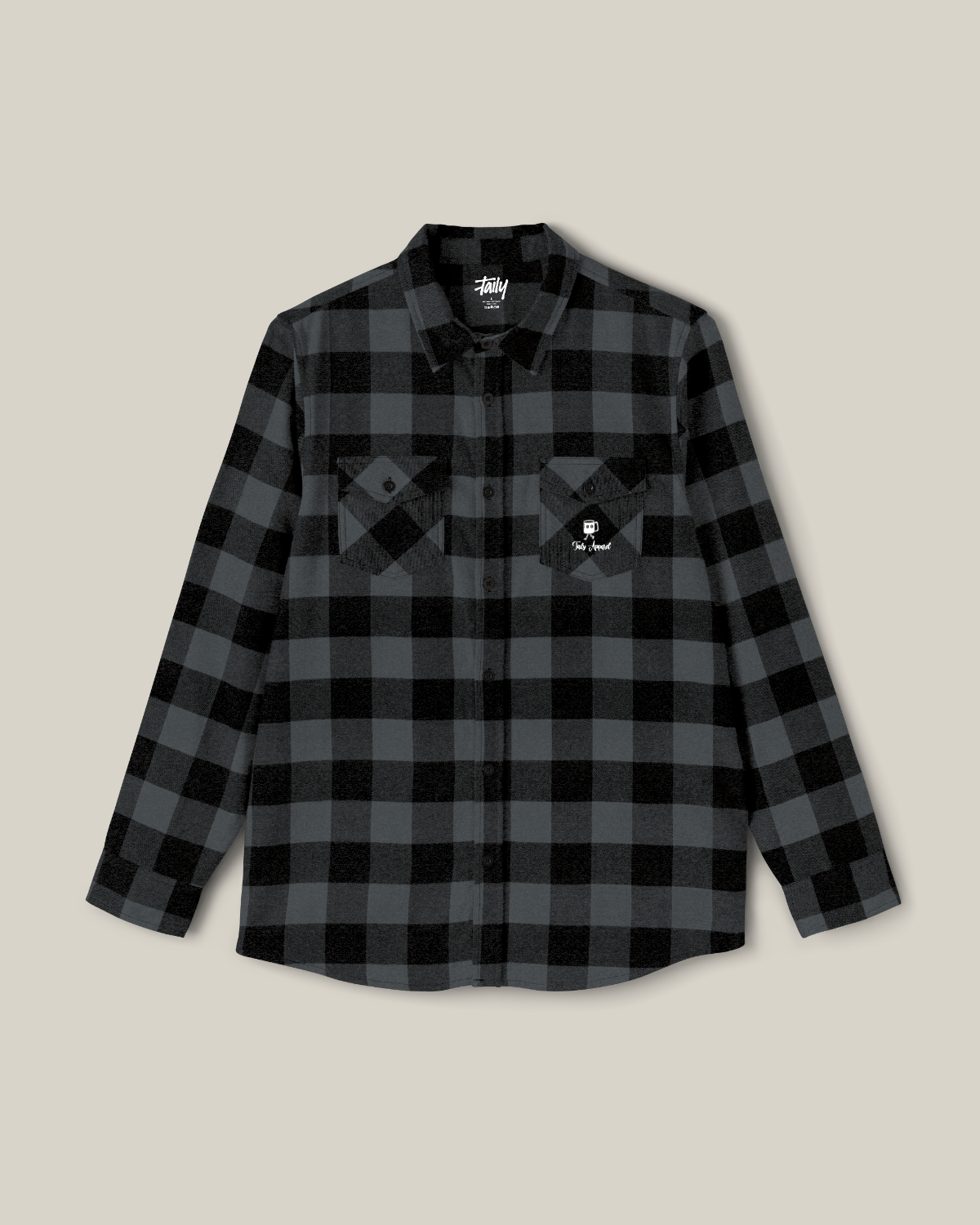 Taily Coffee flannel shirt in Charcoal Heather with a plaid design and front pockets.