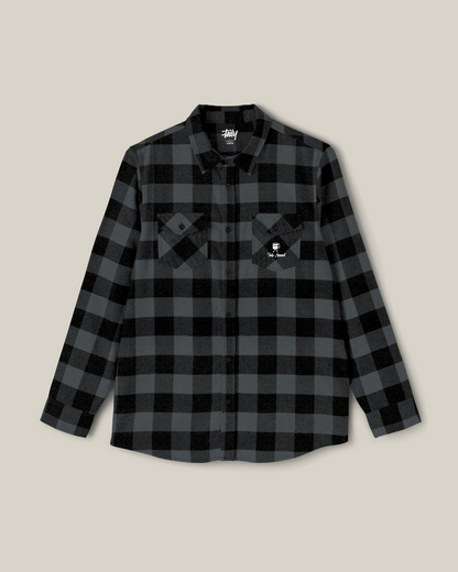 Taily Coffee flannel shirt in Charcoal Heather with a plaid design and front pockets.