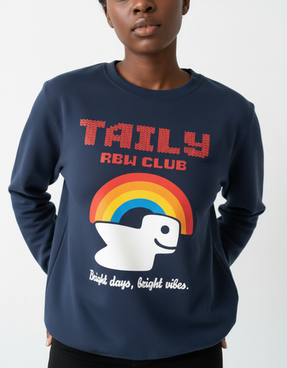 RBW Club sweatshirt in Navy featuring a rainbow graphic and slogan, perfect for bright days and vibes.