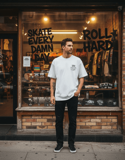 Streetwear boxy t-shirt in white worn by a person standing outside a skate shop with bold lettering.