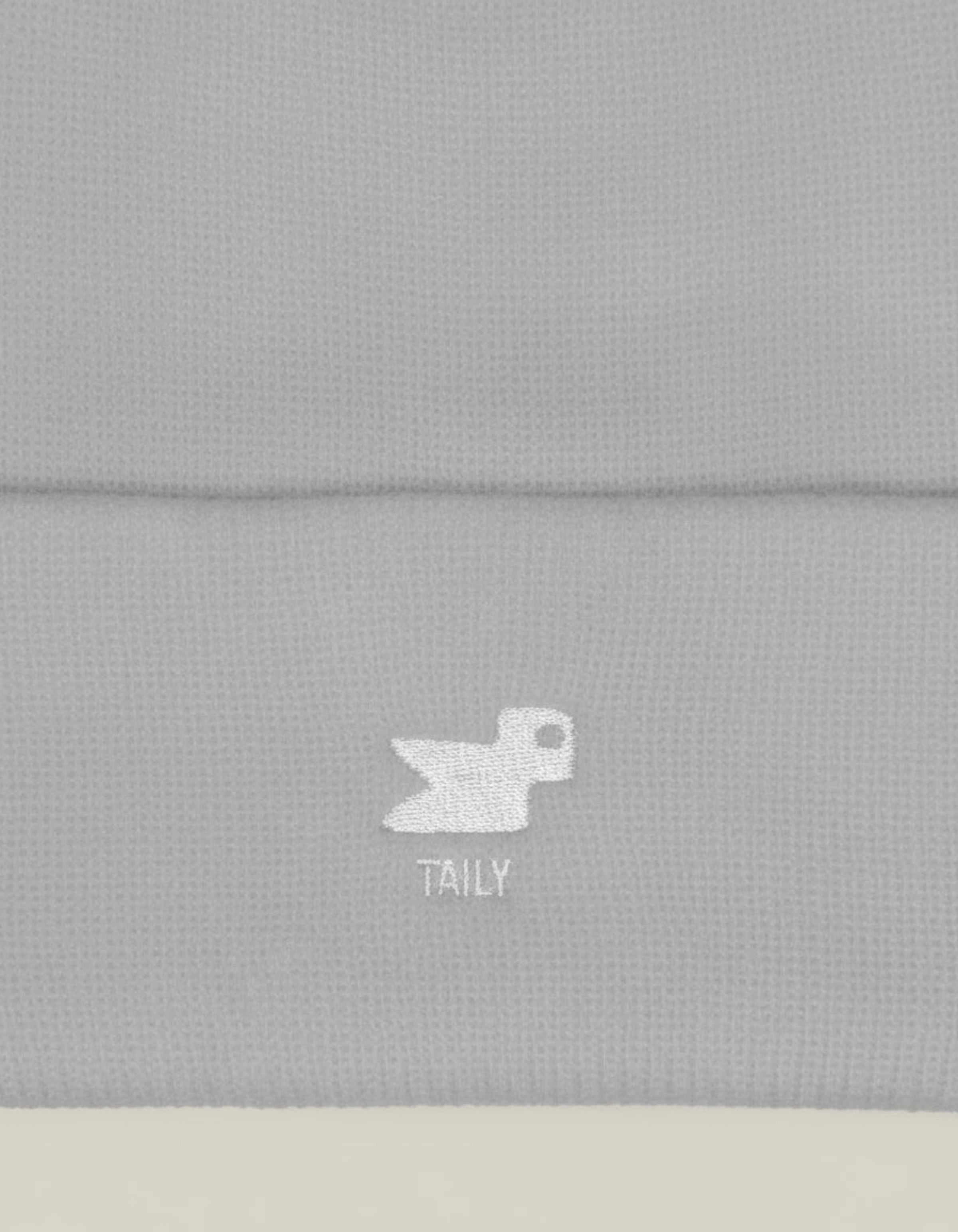 Taily Bird Knit Beanie gray with minimal embroidery featuring a white duck symbol and 'TAILY' text.