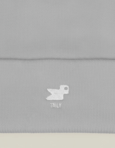 Taily Bird Knit Beanie gray with minimal embroidery featuring a white duck symbol and 'TAILY' text.