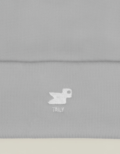 Taily Bird Knit Beanie gray with minimal embroidery featuring a white duck symbol and 'TAILY' text.