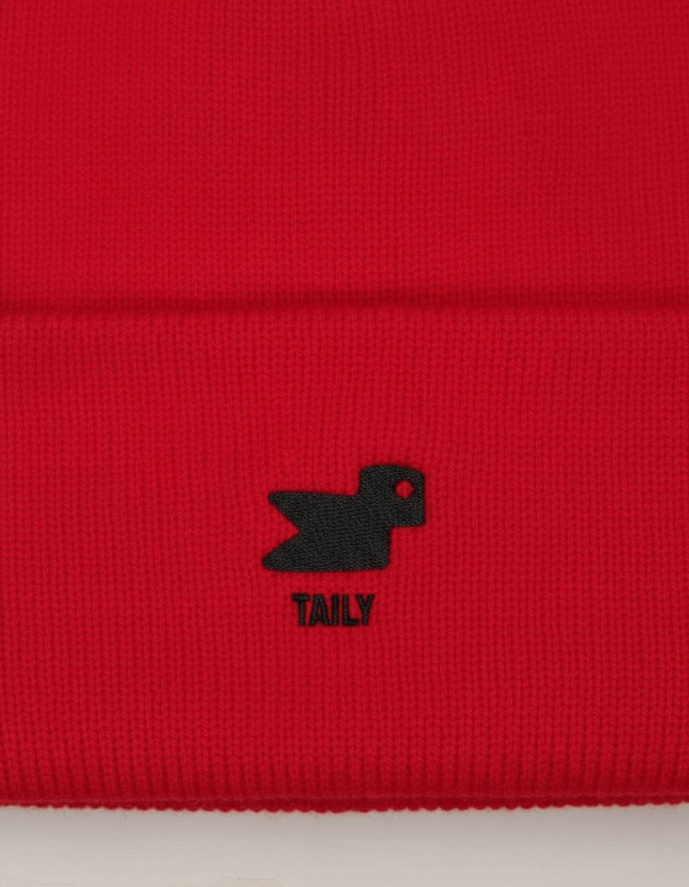 Taily Bird Knit Beanie in red featuring minimal embroidery and a small bird logo.
