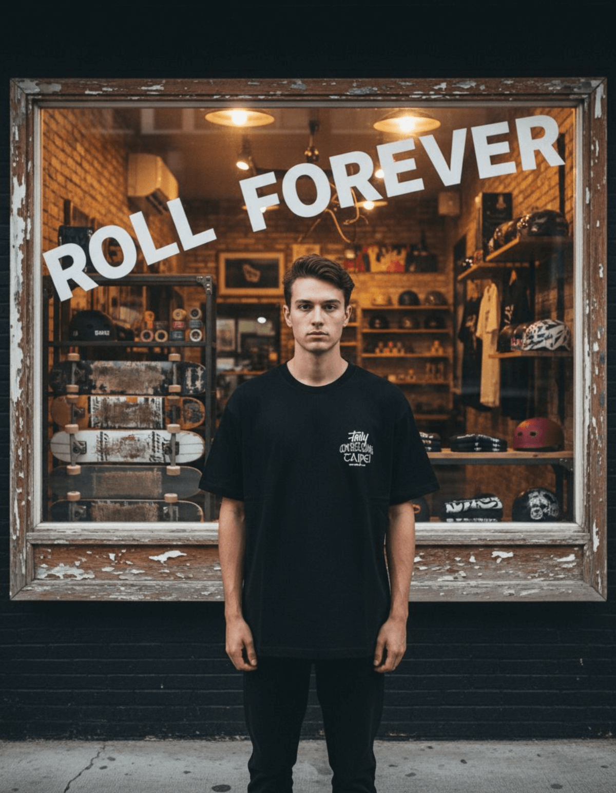 Streetwear boxy t-shirt modeled in front of a store window with retro skateboard gear, emphasizing urban style.