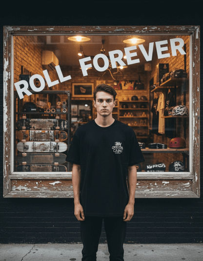 Streetwear boxy t-shirt modeled in front of a store window with retro skateboard gear, emphasizing urban style.