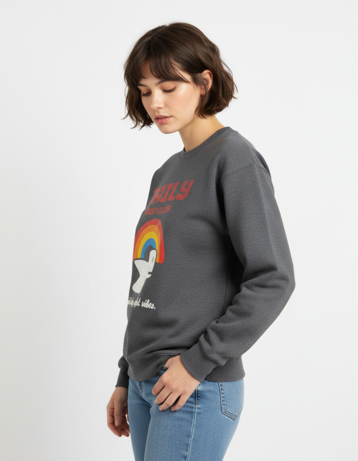 Model wearing Taily RBW Club sweatshirt in Charcoal Heather with rainbow graphic.