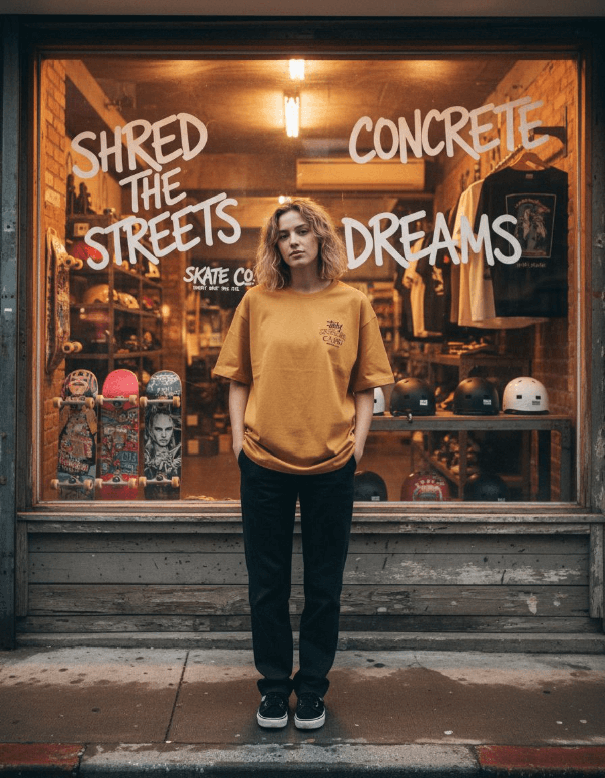 Model wearing Taily Concrete Waves Taipei Streetwear Boxy T-Shirt in toast color outside a skate shop.