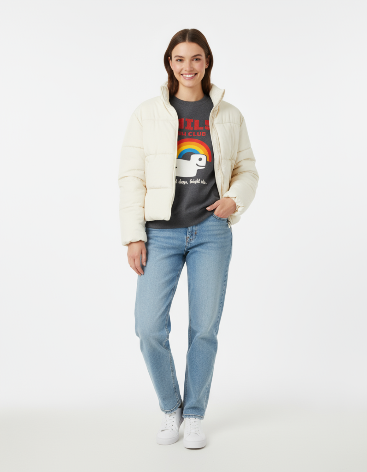 Model wearing Taily RBW Club sweatshirt in Charcoal Heather with a puffer jacket and jeans.