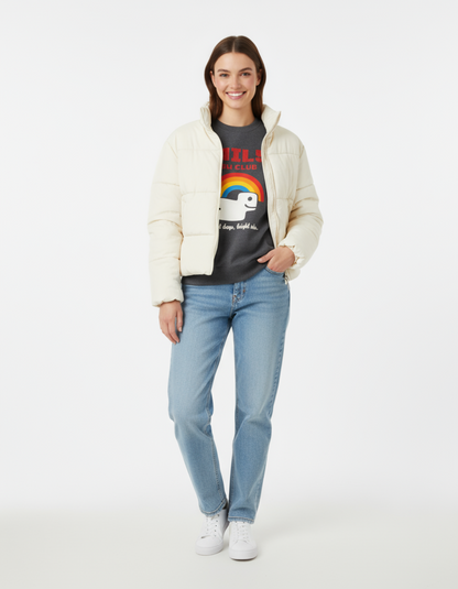 Model wearing Taily RBW Club sweatshirt in Charcoal Heather with a puffer jacket and jeans.