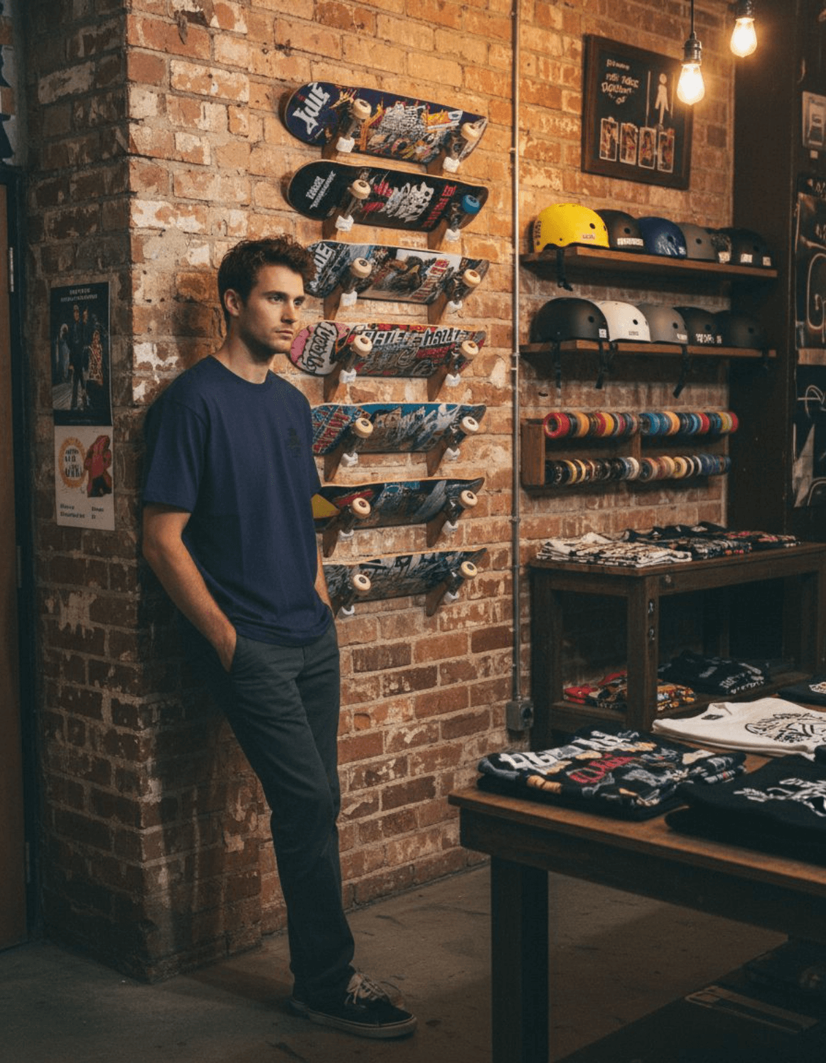 Man wearing Taily Concrete Waves Taipei Streetwear Boxy T-Shirt in navy, showcasing streetwear boxy t-shirt style in a skate shop.