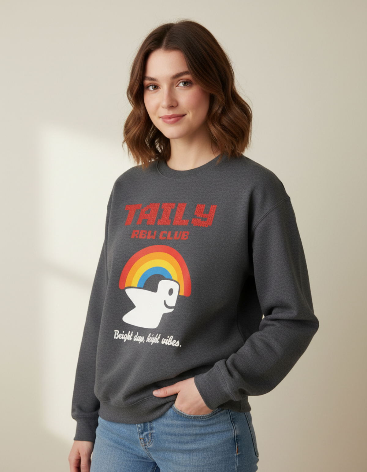Model wearing Taily RBW Club sweatshirt in Charcoal Heather with rainbow graphic and positive slogan.