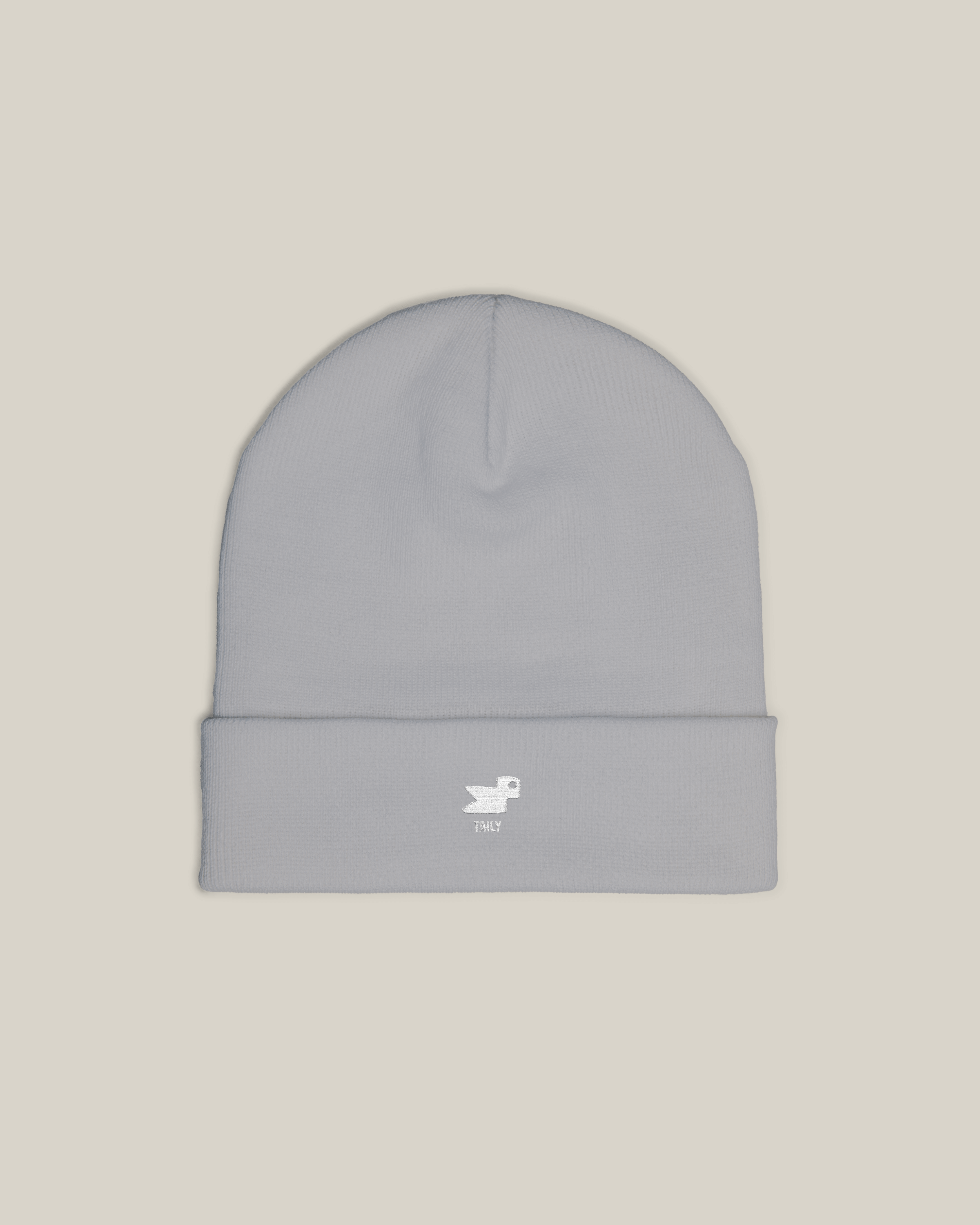 Taily Bird Knit Beanie in gray with minimal embroidery and a soft cotton-acrylic blend fabric.