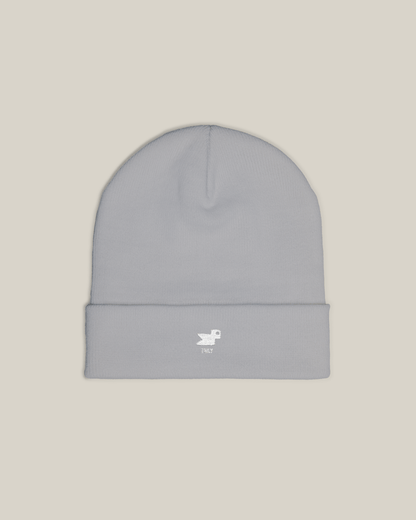 Taily Bird Knit Beanie in gray with minimal embroidery and a soft cotton-acrylic blend fabric.