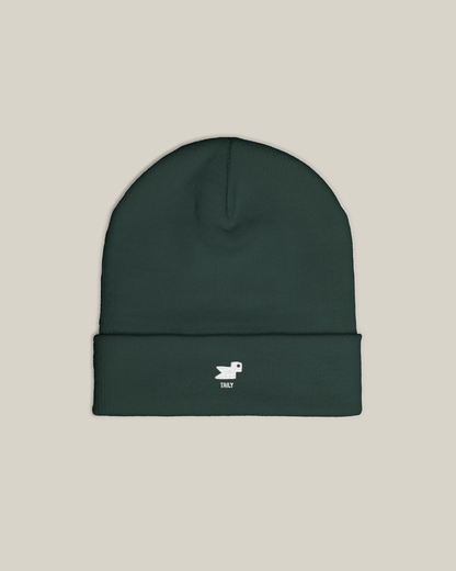 Taily Bird Knit Beanie in dark green, featuring minimal embroidery and designed for comfort and style.