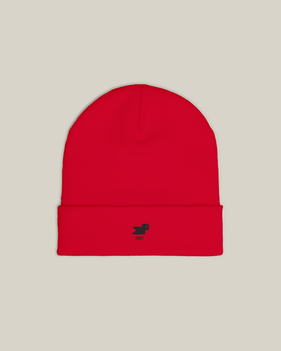 Taily Bird Knit Beanie in red, featuring minimal embroidery and a comfortable fit for stylish streetwear.