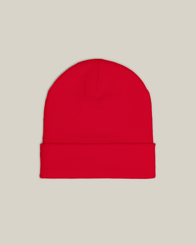 Taily Bird Knit Beanie in red, featuring a minimalist design and a comfortable fit for streetwear style.