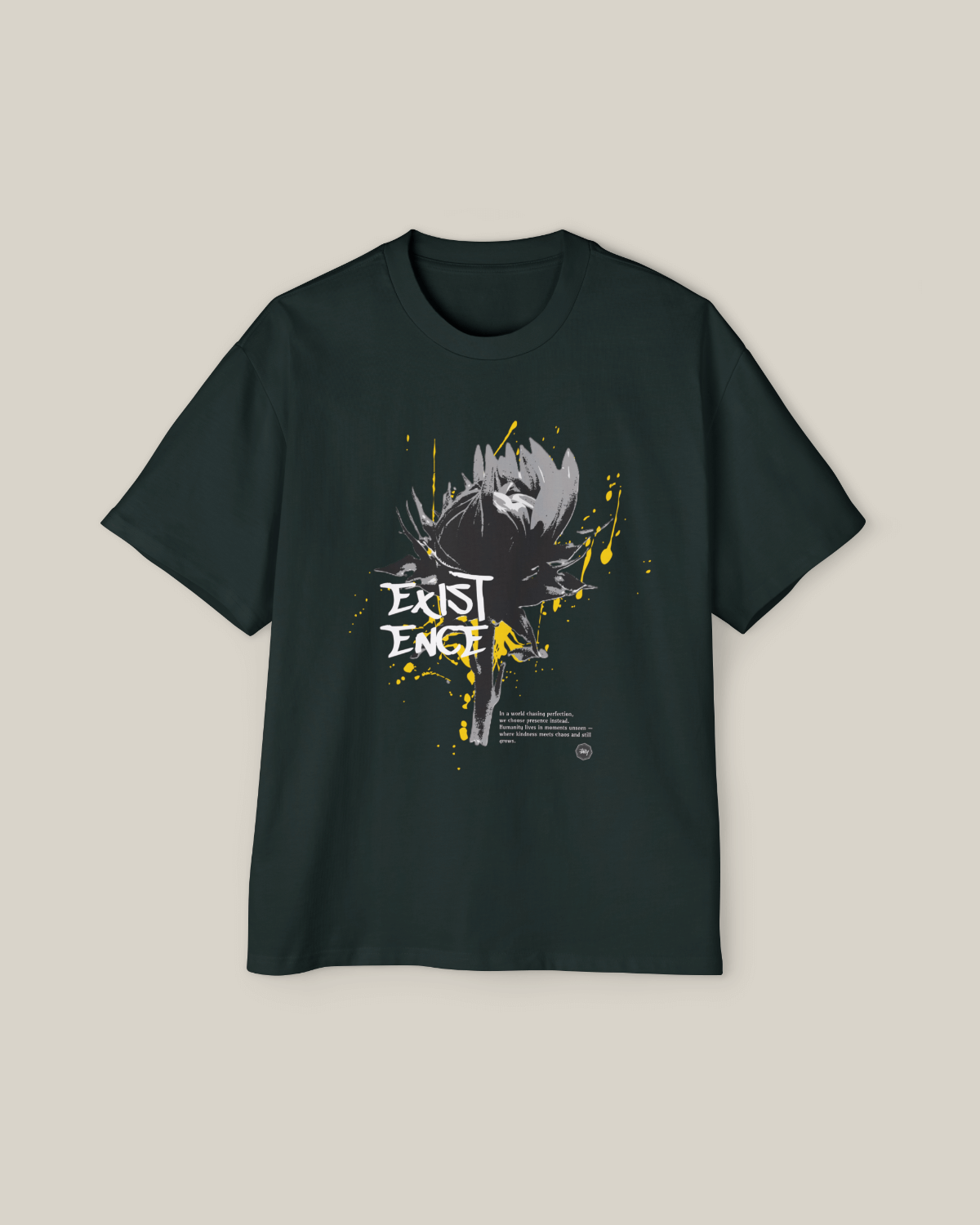 Taily “Existence” Streetwear Oversized T-Shirt in pine green with abstract brush artwork.