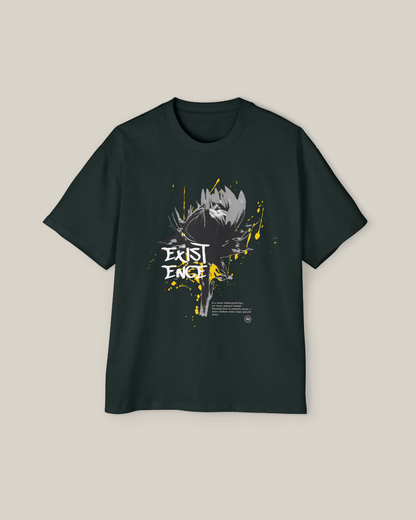 Taily “Existence” Streetwear Oversized T-Shirt in pine green with abstract brush artwork.