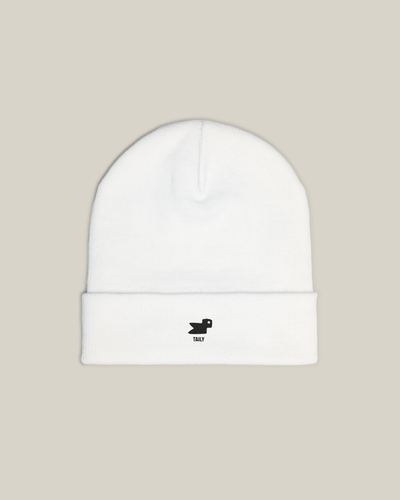 Taily Bird Knit Beanie in white with minimal embroidery and soft cotton-acrylic blend for comfort and style.