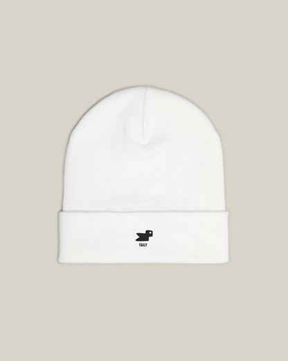 Taily Bird Knit Beanie in white with minimal embroidery and soft cotton-acrylic blend for comfort and style.