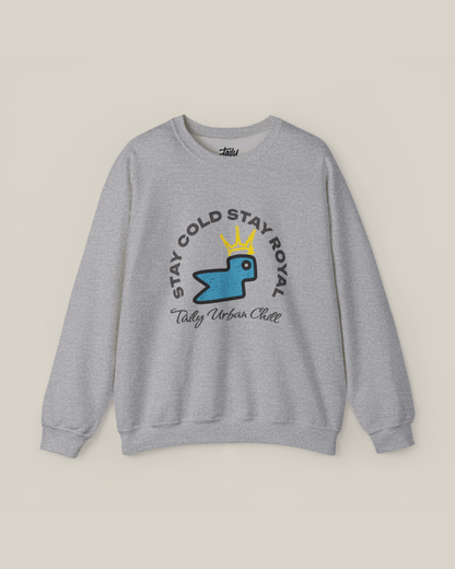 Taily Bird Stay Cold Stay Royal Streetwear Graphic Sweatshirt in grey with crowned bird logo.