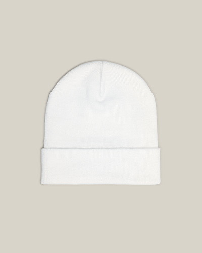 Taily Bird Knit Beanie in white, made of breathable cotton-acrylic blend for comfort and style.