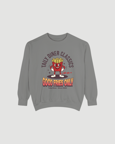 Good Fries Only Sweatshirt – Taily Diner (Grey) featuring a retro fry mascot and bold graphics.