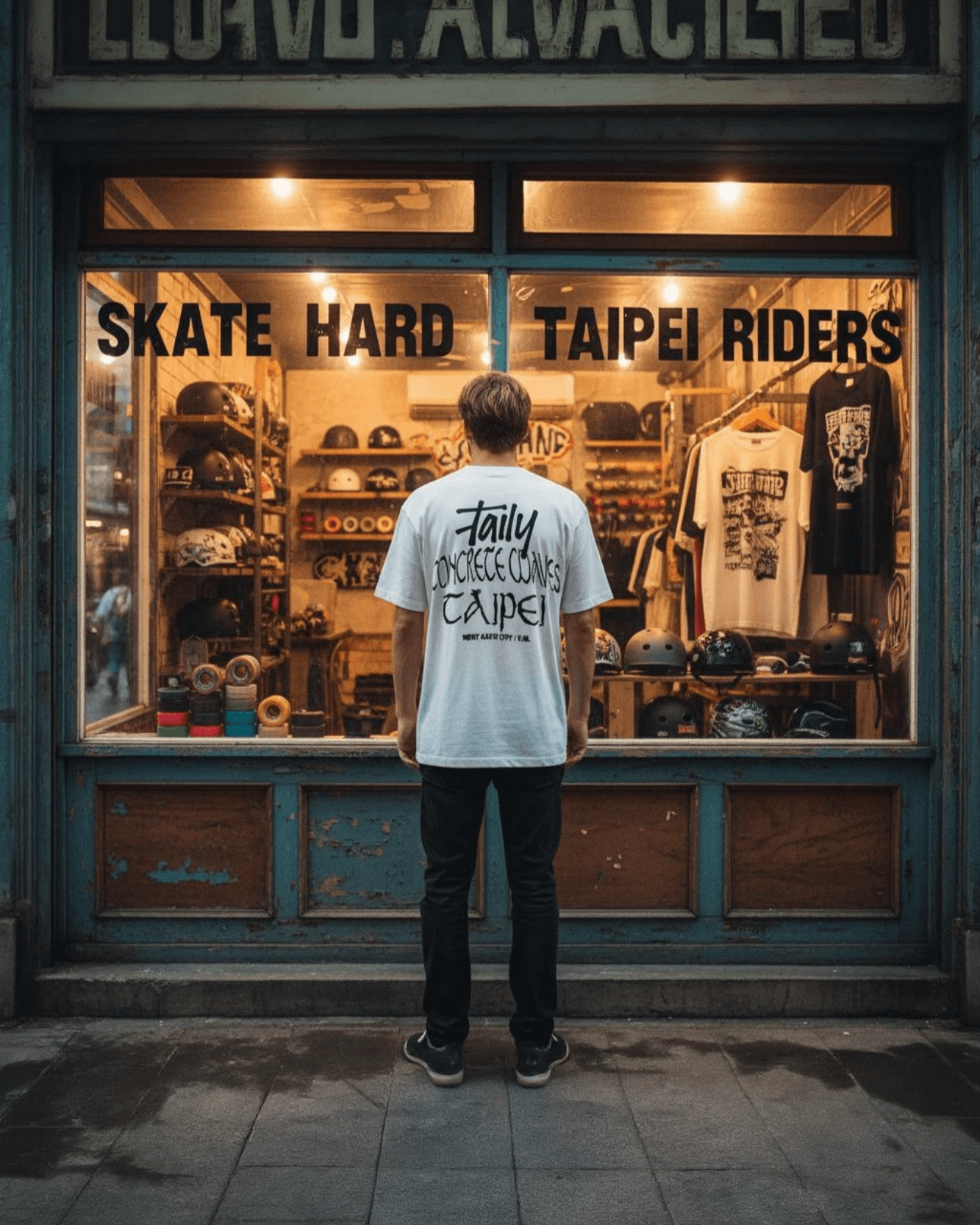 Taily Concrete Waves Taipei Streetwear Boxy T-Shirt in white worn by a person outside a skateboard shop.
