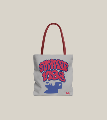 Summer Vibe Tote Bag in light grey with retro lettering and red handles by Taily Apparel.
