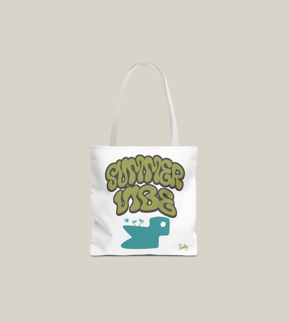 Summer Vibe Tote Bag in white with retro lettering and street style by Taily Apparel.
