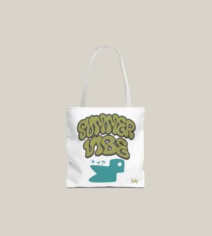Summer Vibe Tote Bag in white featuring retro lettering and strong canvas design by Taily Apparel.