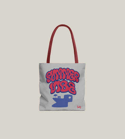 Light grey Summer Vibe tote bag with bold retro lettering and red handles from Taily Apparel.