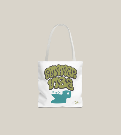 Summer Vibe Tote Bag in white with retro lettering and bold design by Taily Apparel.
