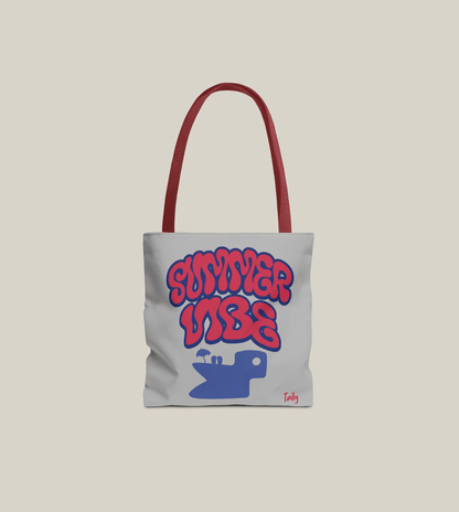 All-over graphic tote bag featuring SUMMER VIBE print, perfect for summer outings and stylish everyday use.