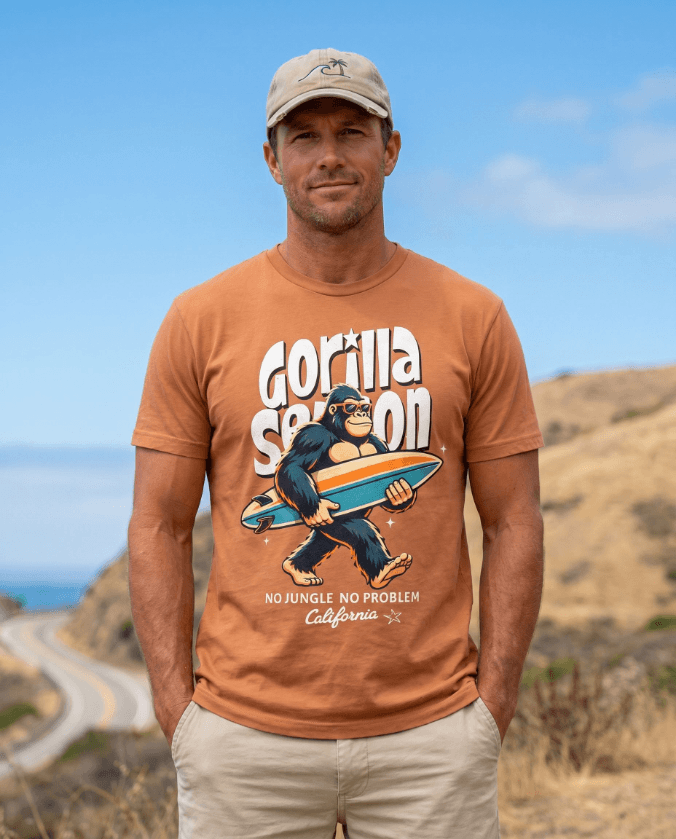 Gorilla Season Surf Tee – Yam worn by a man against a California beach backdrop.