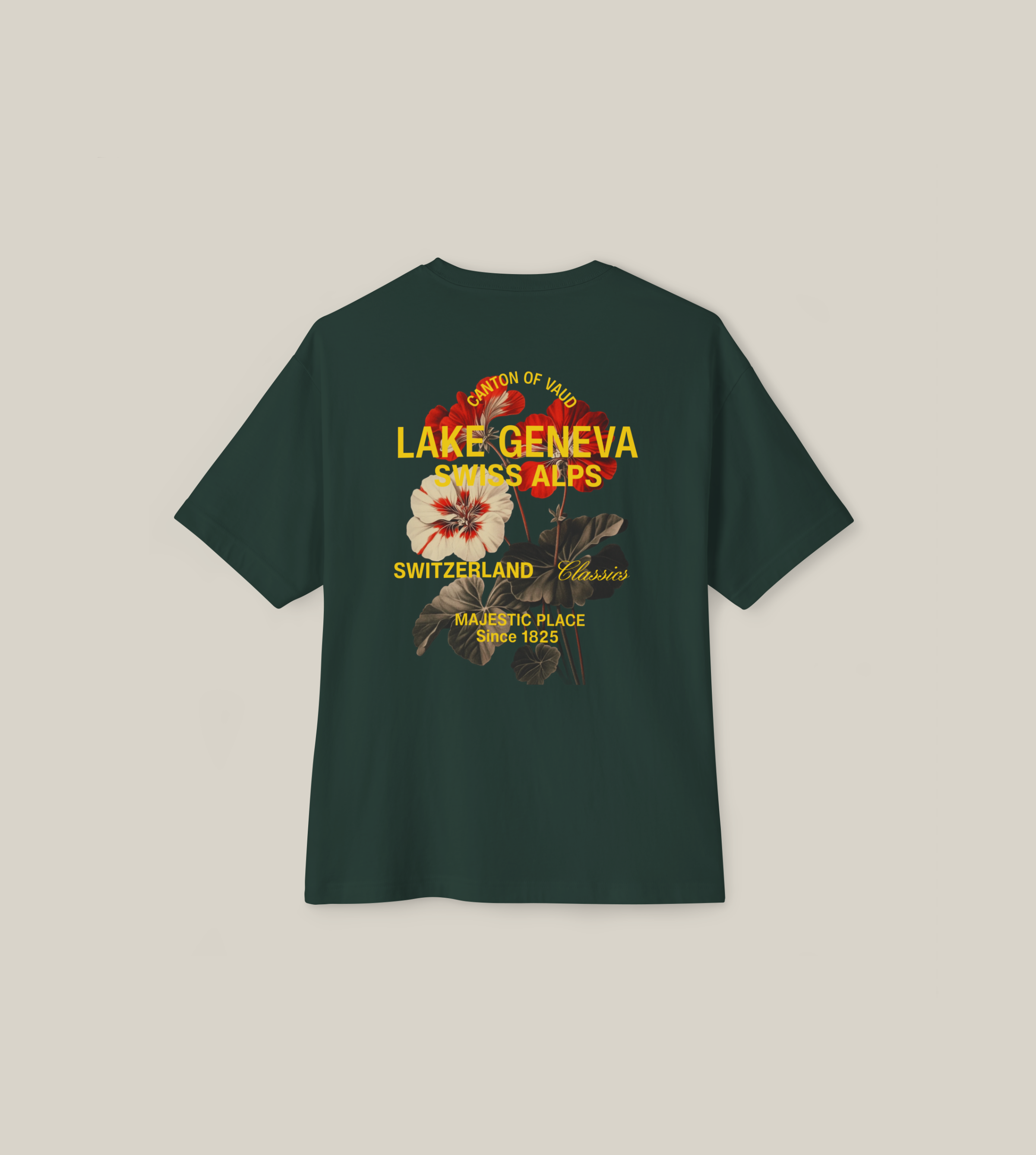Taily Swiss Alps Vintage Boxy T-Shirt in forest green with bold floral back print and Lake Geneva text.