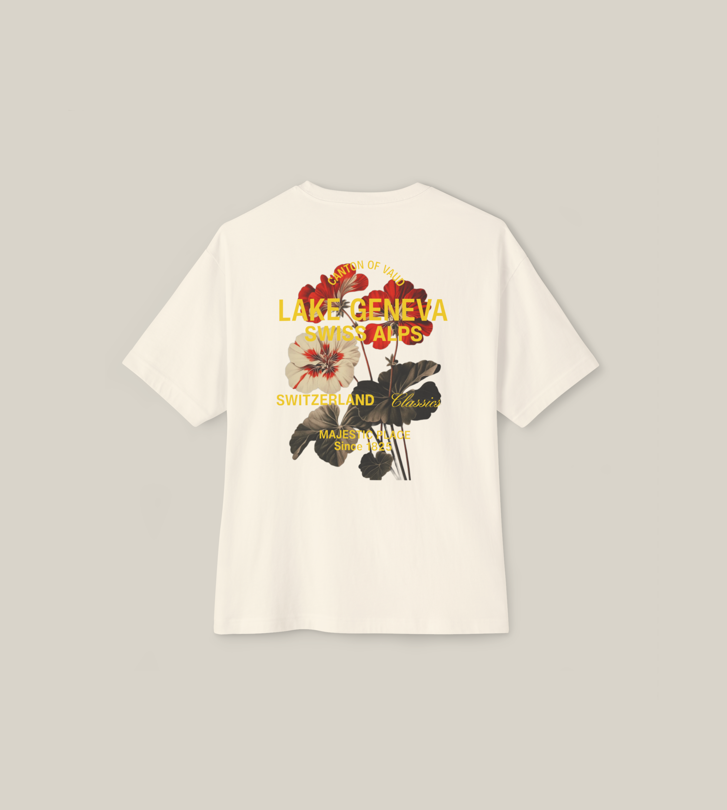 Taily Swiss Alps vintage boxy t-shirt in natural with floral Lake Geneva graphic.