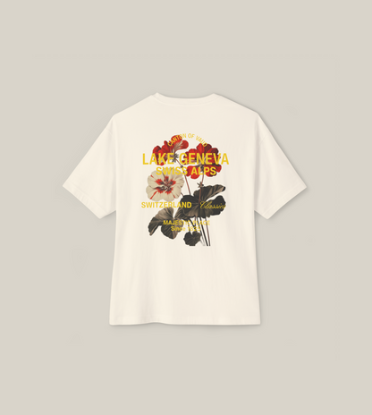 Taily Swiss Alps vintage boxy t-shirt in natural with floral Lake Geneva graphic.