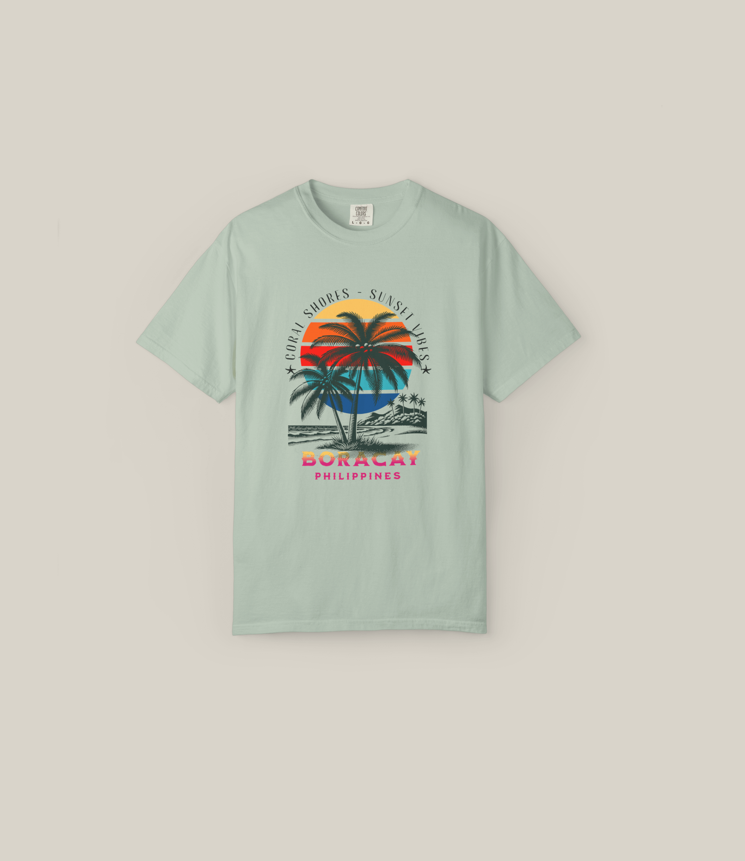 Boracay Sunset Vibes T-Shirt featuring vibrant palms and sunset graphic, perfect for summer lovers.