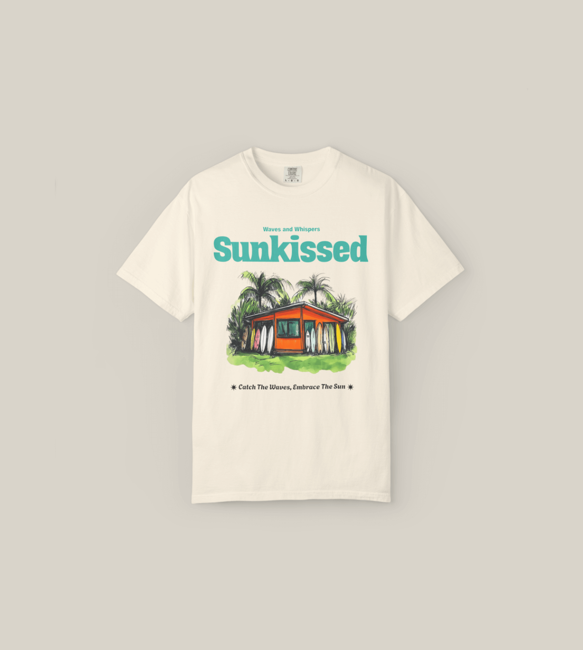 Sunkissed Surf Shack T-Shirt featuring hand-drawn surf shack design, perfect for beach days and summer adventures.
