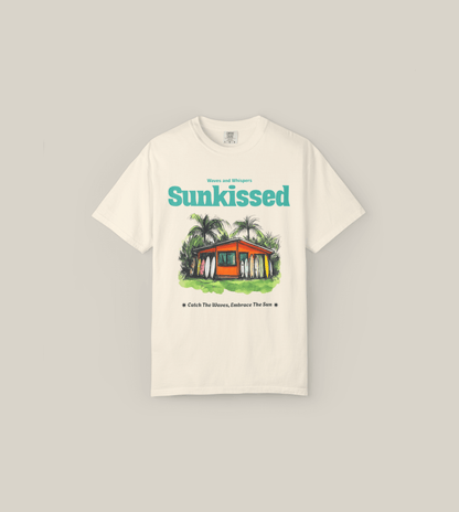 Sunkissed Surf Shack T-Shirt featuring hand-drawn surf shack design, perfect for beach days and summer adventures.