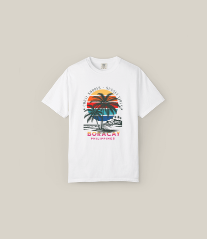 Boracay Sunset Vibes T-Shirt featuring vibrant palm tree graphics and sunset design, perfect for summer lovers and beach enthusiasts.