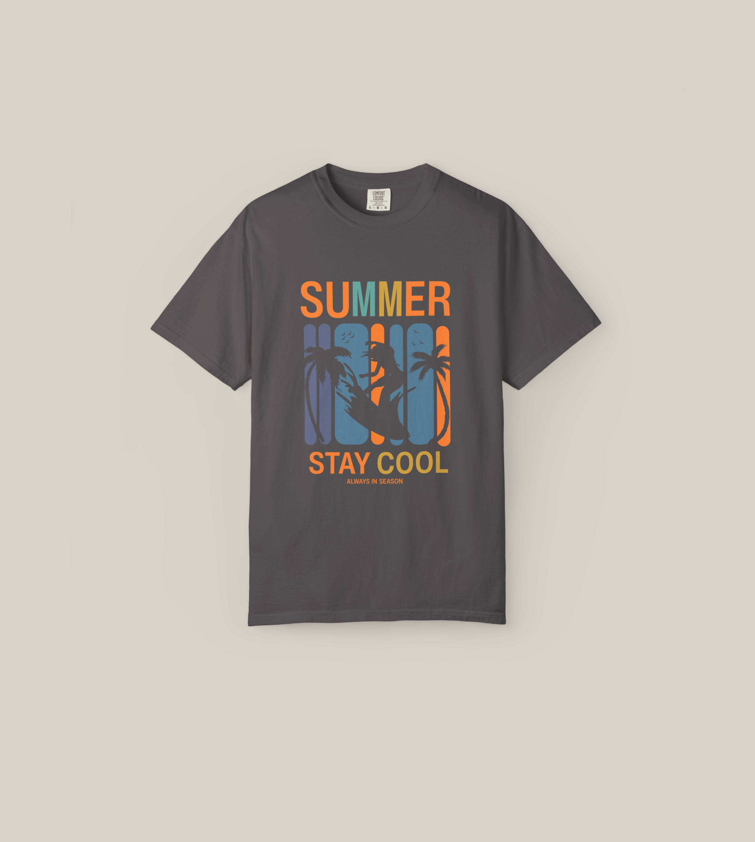 Summer Stay Cool T-Shirt featuring a surfer silhouette and vibrant color blocks, perfect for beach vibes.