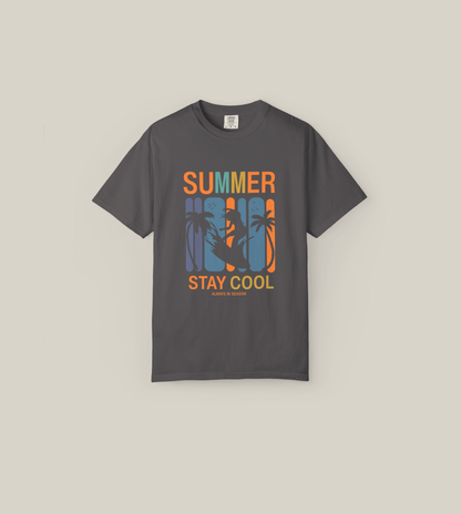 Summer Stay Cool T-Shirt featuring a surfer silhouette and vibrant color blocks, perfect for beach vibes.