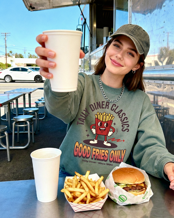 Good Fries Only Sweatshirt – Taily Diner (White) lifestyle image 6