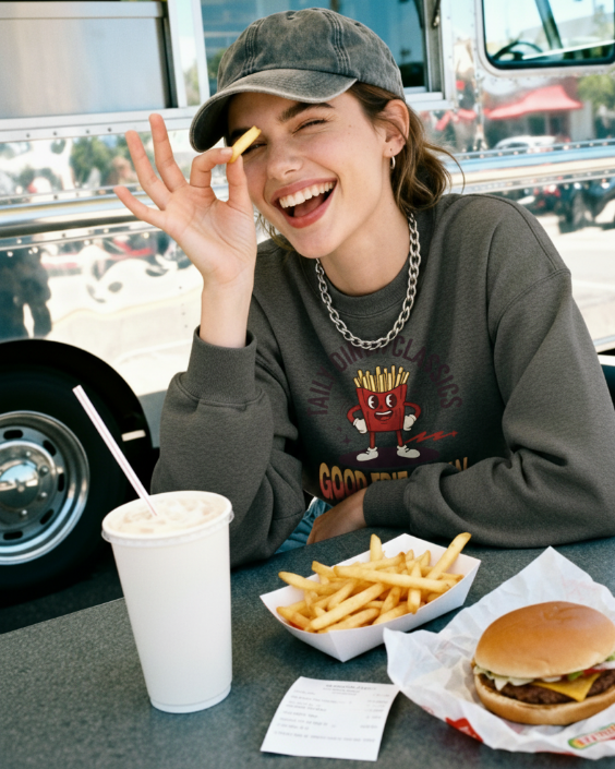 Good Fries Only Sweatshirt – Taily Diner (White) lifestyle image 3