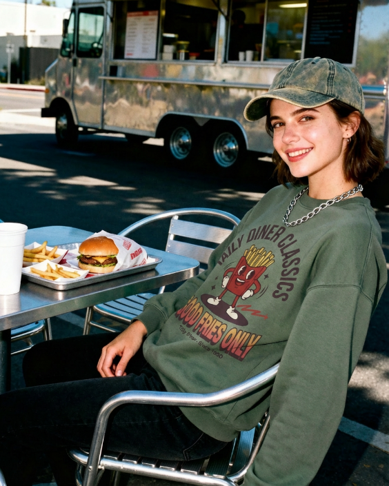 Good Fries Only Sweatshirt – Taily Diner (White) lifestyle image 5