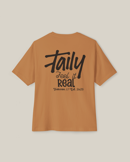 Taily Feel It Real Boxy Tee in toast color, featuring back lettering, a streetwear boxy t-shirt.